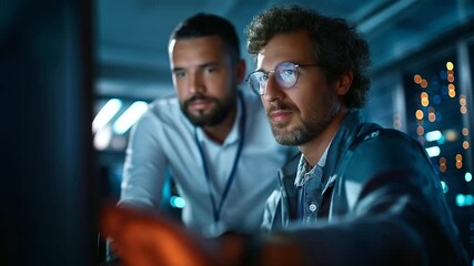 A data center manager under stark teal light supervises an engineer analyzing supercomputer data hyper realistic visuals glowing moody shadows on server racks bold colors in - Powered by Adobe
