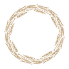 Wreath of wheat. Vector ink styled handmade illustration. For packaging design, cards, cover, prints, product labels and fabric.