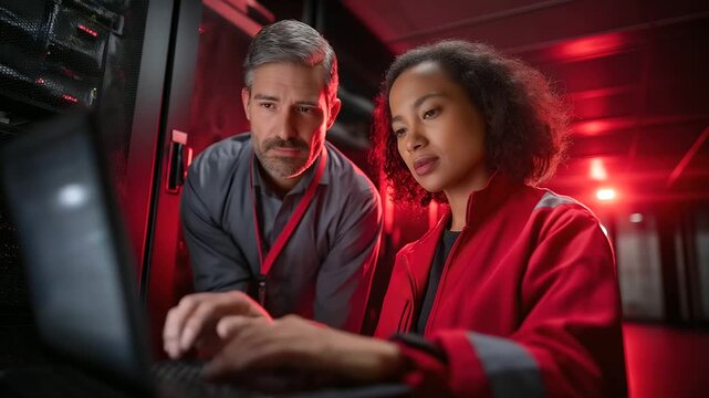 A data center manager under stark red light guides an engineer using deep learning algorithms hyper realistic pattern recognition visuals glowing moody shadows on server racks