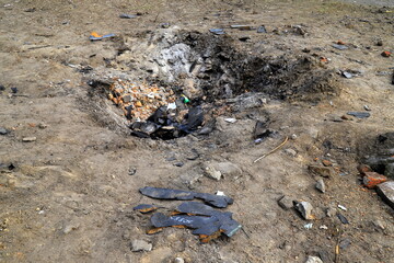 War in Ukraine. Burnt wreckage of Russian drone in Ukrainian city Dnipro. Bombing of civilian population of Ukraine by Russian missiles and drones, explosions.