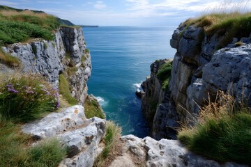 Coastal cliffs framing the ocean on a sunny day