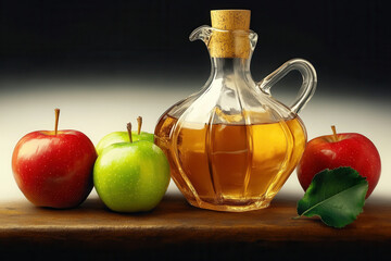 Calvados Brandy and red apples, Still life calvados alcoholic drink and apples. on light background bottle with cork, glass for strong drink surrounded by ripe red and green apples.