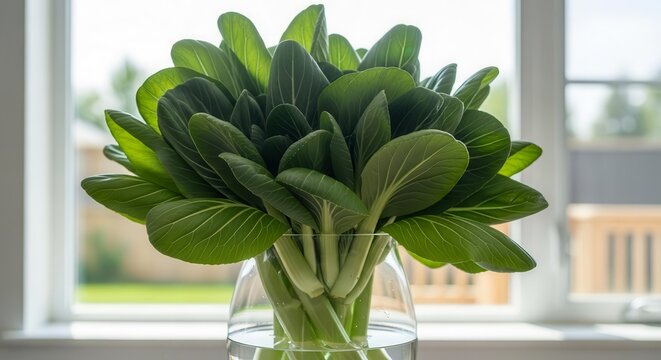 Fresh Bok Choy Bouquet In A Clear Glass Vase Beside A Bright Window