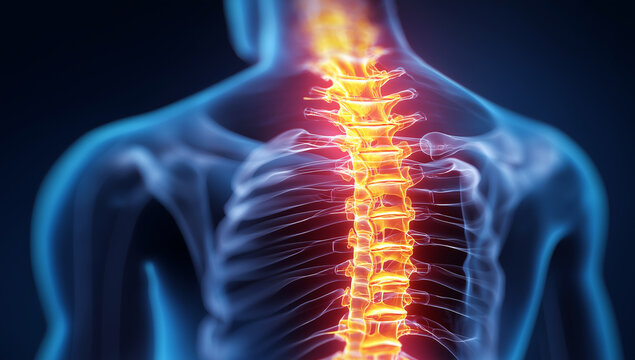 Human spine with glowing orange vertebrae and blue translucent body outline against dark background spinal column