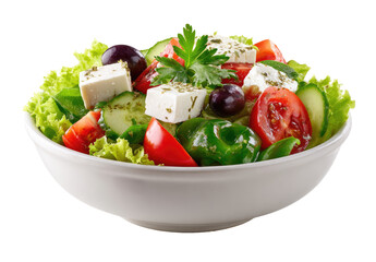 Fresh Greek salad in a white bowl.  Colorful mix of greens, tomatoes, cucumbers, olives, and feta cheese.  Appetizing and healthy