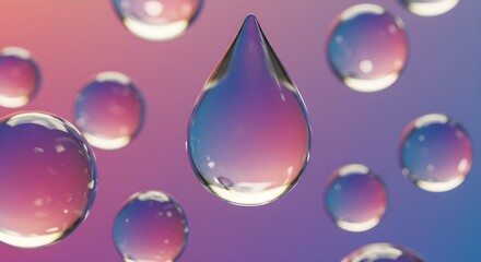 Vivid drop reflects purple gradient. Luminous spheres float for backdrop, poster design, product staging.