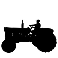 Farmer man riding on tractor silhouette . Silhouette of an gricultural male driving an agrimotor vehicle.eps
