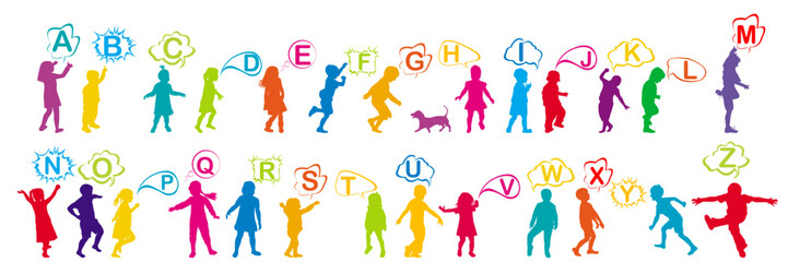 Silhouette of colored kids children  with the letters of the alphabet .eps