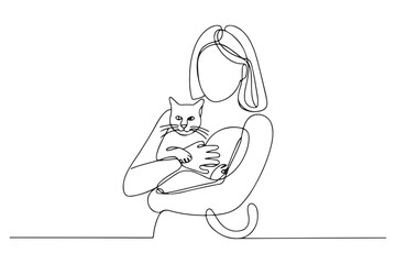 Single one line drawing girl holding her cat. Urban pets concept. Continuous line draw design. one line Icon drawing with white background