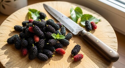 Fresh Black Mulberries Arranged With Vintage Knife On a Wooden Chopping Board