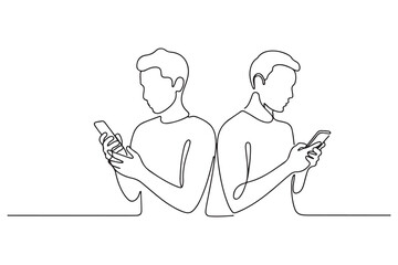 Continuous one line drawing People holding, using mobile phones. Single line draw design. one line Icon drawing with white background