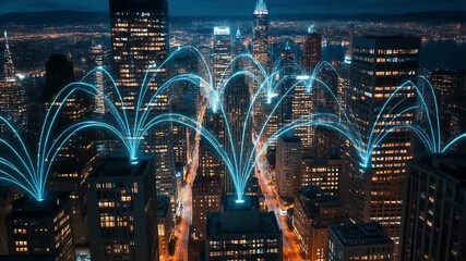 Aerial of financial district with glowing network lines between buildings. - Powered by Adobe