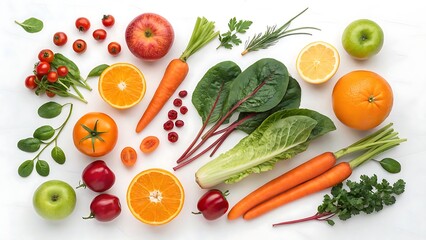 Vibrant Assortment of Fresh Fruits and Vegetables on White