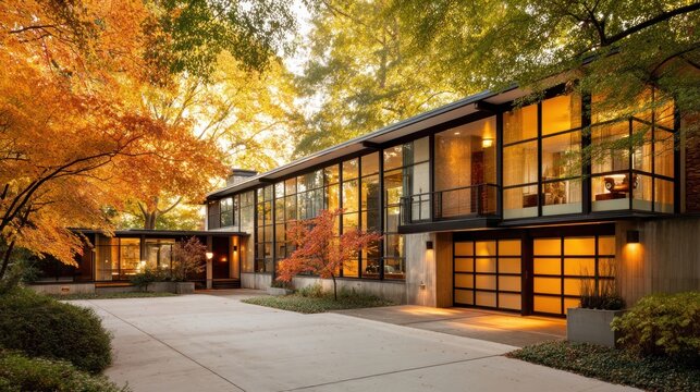 Modern house with large windows surrounded by autumn foliage and trees