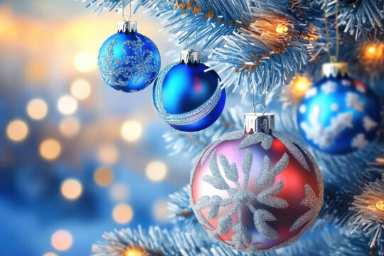 Blaue und rote Weihnachtskugeln mit Glitzermuster an verschneitem Tannenzweig