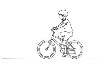 Fototapeta premium Single one line drawing happy boy riding a bike with helmet. World bicycle day concept. one line Icon drawing with white background