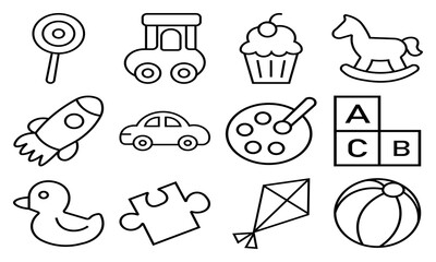 Collection of toy icons in outline style vector illustration art