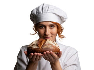 Smiling female baker chef holding delicious freshly baked pastry with cream happy professional confectioner transparent background