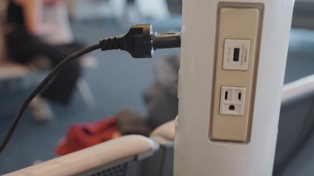 Electric AC socket or outlet dock in airport terminal with cable plugged in. Passengers waiting at flight gate hall or lounge use power to charge computer or electric devices for work or recreation