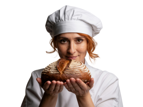 Smiling female baker chef holding delicious freshly baked pastry with cream happy professional confectioner transparent background - Powered by Adobe
