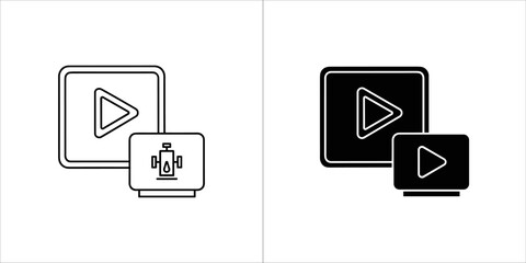 Play button icon and video camera icon, black and white outline and solid fill versions