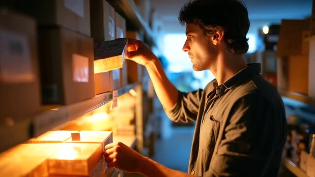 A warehouse worker with an impairment under bold yellow light organizes inventory in a cozy supply room hyper realistic boxes glowing with labels moody shadows on shelves brig