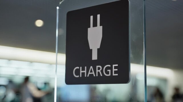 Black sign with plug symbol and word "CHARGE". Clear glass frame holds the sign. People move in blurred background. Sign indicates charging station location. Ideal for travel or tech venues