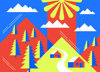 Naklejka premium Geometric landscape in bright retro vivid colors