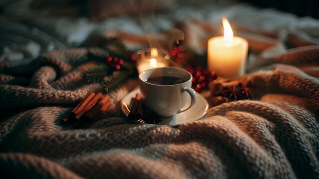 Cozy Christmas winter morning with coffee cup and candle on blanket  