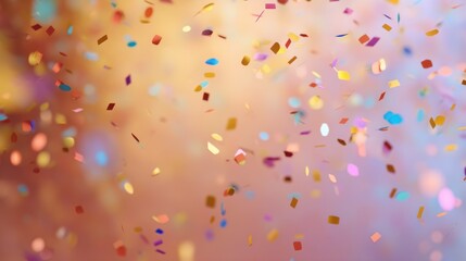 Colorful confetti floats in the air against a warm gradient background, creating a joyful and dynamic holiday party atmosphere.
