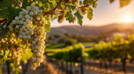 Ripe white grapes hanging from a vine in a vineyard at sunset with rolling hills in the background fruit