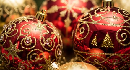 Close up of two ornate red christmas baubles with intricate gold swirling patterns and festive tree designs