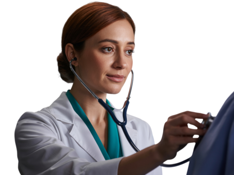 Female doctor wearing white lab coat listens to heartbeat with stethoscope professional medical healthcare transparent background