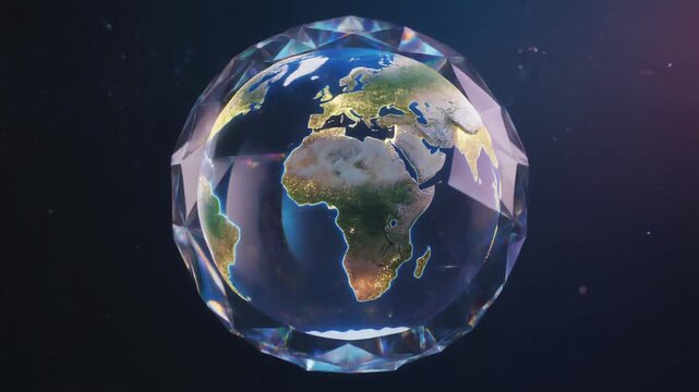 A captivating animation shows a flat Earth transforming into a spherical planet inside a crystal casing. Ideal for digital design, conspiracy theory concept, educational purposes and controversial