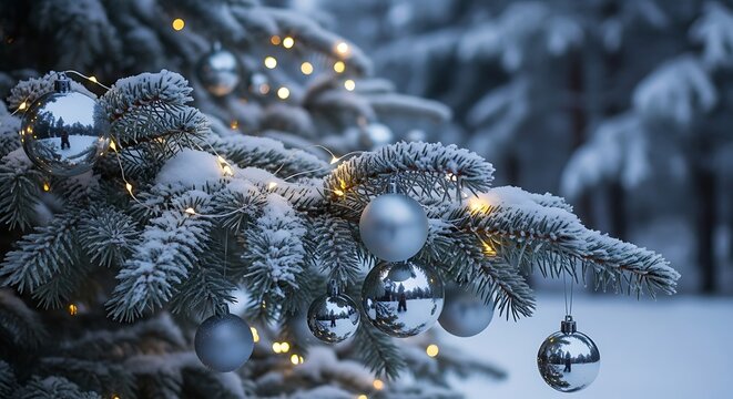 A snow covered evergreen tree branch adorned with silver ornaments and twinkling fairy lights in a serene winter forest setting