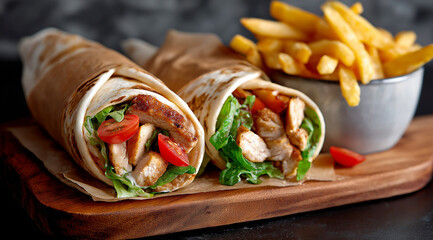 Two chicken wraps with fresh lettuce and tomato served with a bowl of golden french fries on a wooden board