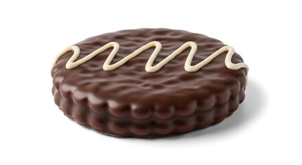 Chocolate sandwich cookie with white icing drizzle isolated on transparent background