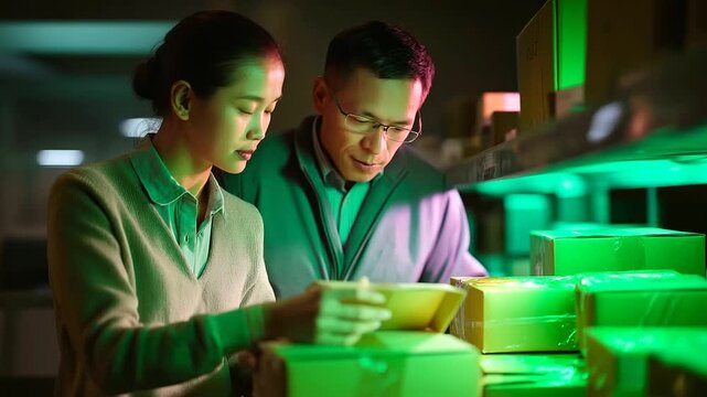Asian workers in a storage room under stark green light organize taped boxes hyper realistic inventory visuals glowing moody shadows on shelves bold colors in packaging tools