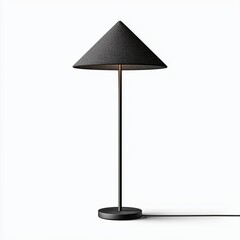 Minimalist black table lamp with cone shade on white background