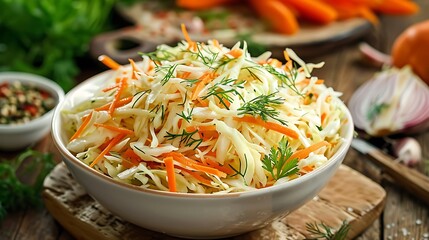 A bowl of coleslaw salad with shredded cabbage carrots and dill on a wooden board in soft lighting