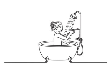 Single one line drawing happy girl playing shower while taking a bath. Bathroom activities concept. one line Icon drawing with white background