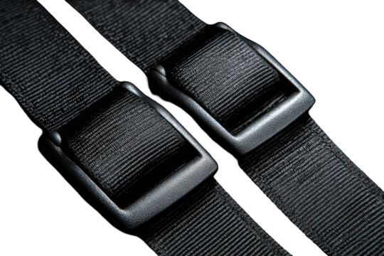 Close-up of two black straps with metal buckles