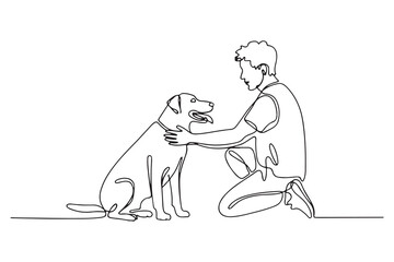 Single one line drawing happy boy with his dog. Urban pets concept. Continuous line draw design. one line Icon drawing with white background