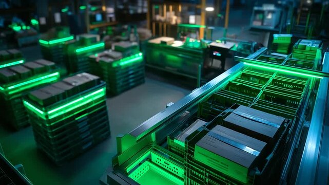 Depot workers under vibrant green light process e commerce orders hyper realistic inventory visuals glowing moody shadows on crates bold colors in scanners cinematic lighting