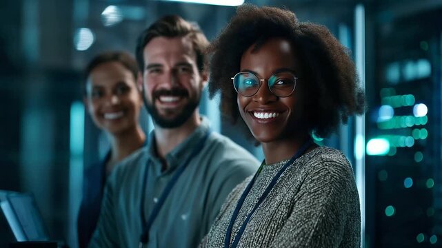 Joyful data center colleagues lit by vibrant green light deploy AI predictive maintenance systems hyper realistic alerts for hardware issues glowing moody shadows on server