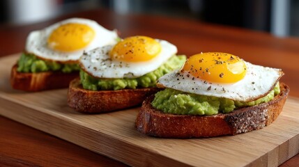 Avocado toast with fried eggs on a wooden board