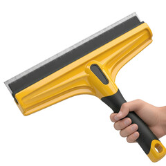 Hand holding yellow and black handled squeegee isolated illustration on transparent background