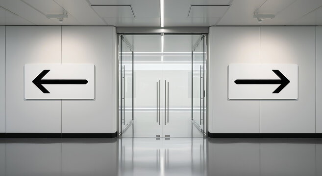 Modern white corridor with glass doors and directional arrows on walls left right - Powered by Adobe