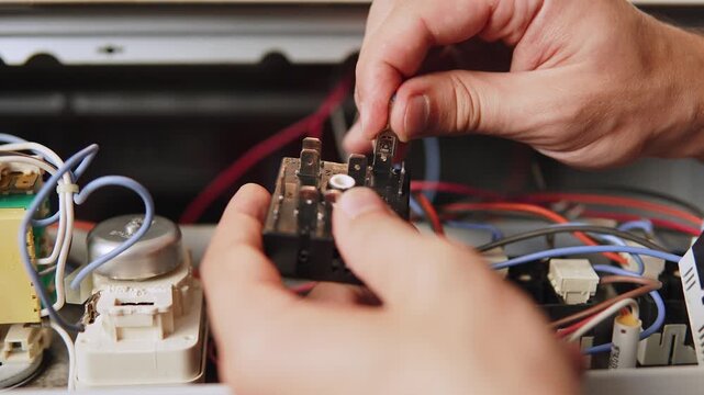 Heat control knob on disassembled electric stove, and connector connecting to wire close up. Hands of Caucasian man repairing kitchen appliance.