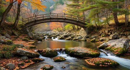 Scenic autumn bridge over a flowing stream with colorful fall foliage in a forest setting